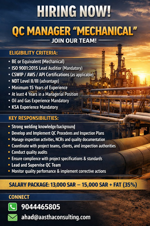 Riyadh, Jobs, QC Manager - Mechanical (15+ Years Experience) - Saudi Arabia
