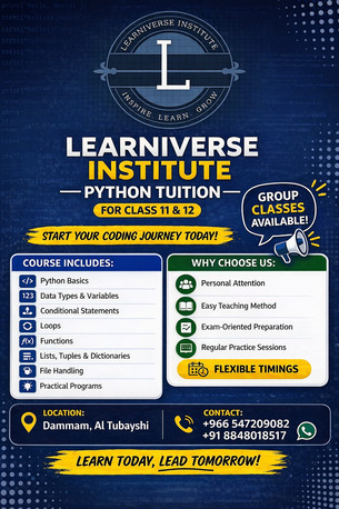 Dammam, Lessons Offered, Python Tuition For Class 11 & 12 , 5 Students In A Group Class, Book Before Slot Filled