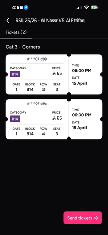 Al Mursalat, Tickets, SAR 150,  I Have Match Tickets For Al Awal Park . Between Al Nassar Vs Al Etifaq Total 2 Tickets