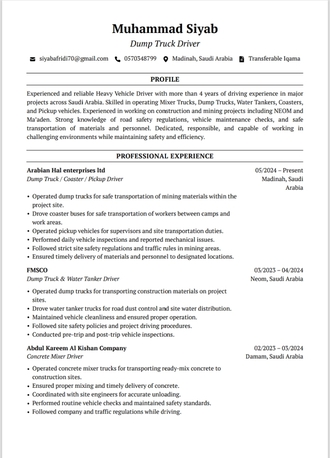 Dammam, Job Seekers, Heavy Vehicle Driver| Dump Truck | Mixer | Water Tanker|Pick-up| 4 Years Saudi Experience