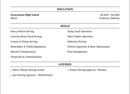 Dammam, Job Seekers, Heavy Vehicle Driver| Dump Truck | Mixer | Water Tanker|Pick-up| 4 Years Saudi Experience