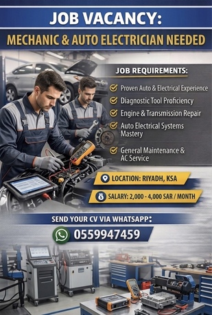 Riyadh, Jobs, JOB VACANCY &ndash; MECHANIC & AUTO ELECTRICIAN