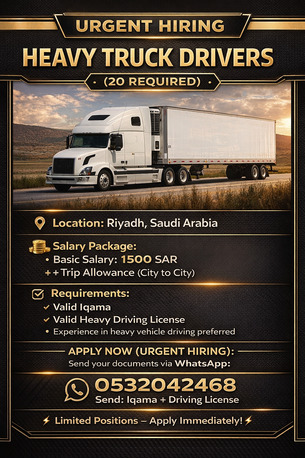 Riyadh, Jobs, URGENT HIRING &ndash; HEAVY TRUCK DRIVERS (20 REQUIRED)