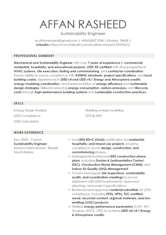 Riyadh, Job Seekers, Sustainability Engineer | Mechanical Engineer | LEED Engineer
