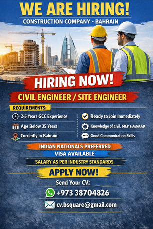 Manama, Jobs, URGENTLY REQUIRED CIVIL SITE ENGINEER AT BAHRAIN-2-5YRS EXP