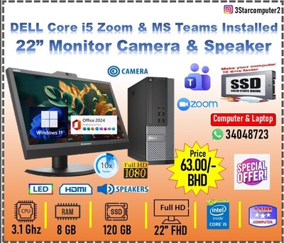 Manama, Electronics, BHD 63,  Dell I5 PC 8GB RAM 22" FHD Monitor Built-in Camera, Speaker Plug & Play Teams,Zoom Install