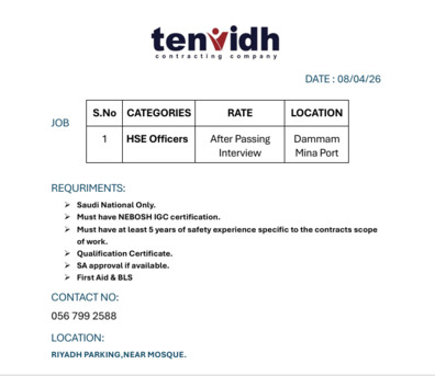 Al Jubail Al Balad, Jobs, HSE Officers