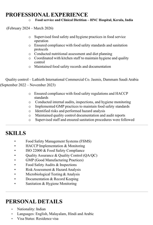 Dammam, Job Seekers, Food Safety Officer / Quality Controller / Haccp Cordinator