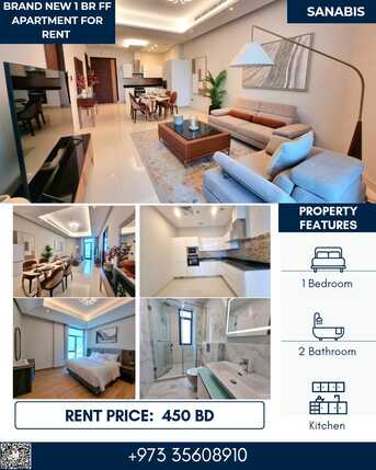 Sanabis, Apartments, Flats, Houses & Villas, BHD 450/month,  Furnished,  1 BR,  90 Sq. Meter,  Modern Brand New 1 BR FF Apartment With Big Balcony