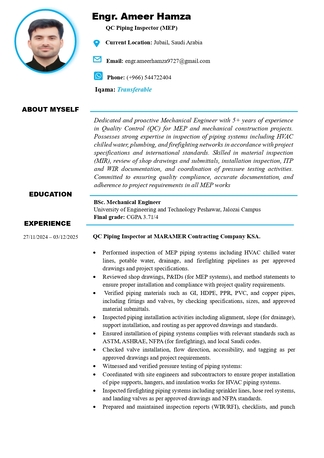 Jubail, Job Seekers, QC Piping Inspector (MEP) /Mechanical QC