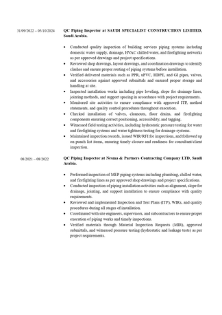 Jubail, Job Seekers, QC Piping Inspector (MEP) /Mechanical QC