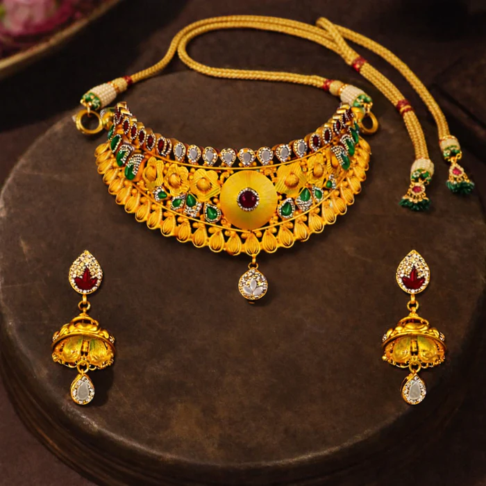 Mumbai, Jewelry, INR 45120,  Kanakavalli Rajsi Floral Choker Set &ndash; Premium Silver Gold Plated Jewellery