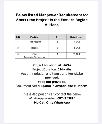 Jubail, Temp Jobs, Manpower Requirements For Short Time Project In Al Hasa