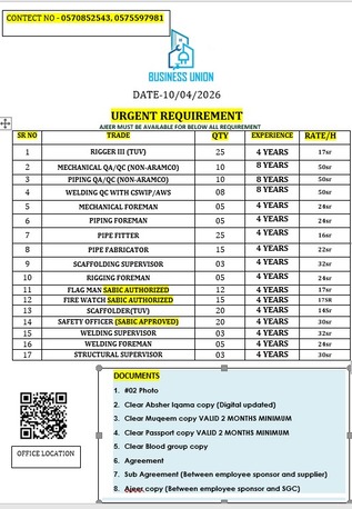 Jubail, Jobs, URGENT REQUIREMENT