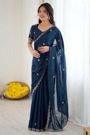 London, Clothing & Accessories, GBP 039,  Teal Georgette Saree With Embroidered