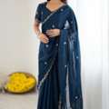 GBP 039,  Teal Georgette Saree With Embroidered