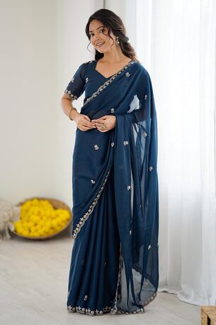 London, Clothing & Accessories, GBP 039,  Teal Georgette Saree With Embroidered