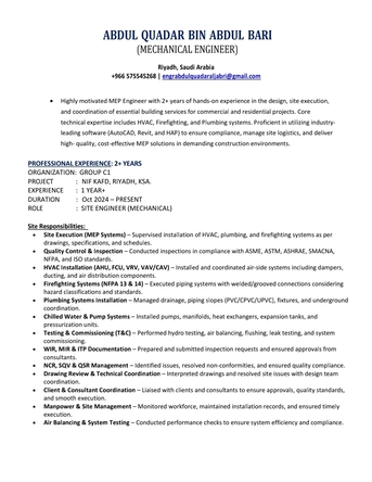 Riyadh, Job Seekers, Mechanical Engineer (MEP)