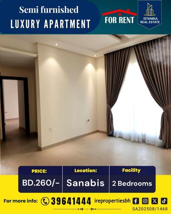 Sanabis, Apartments, Flats, Houses & Villas, BHD 260/month,  Furnished,  115 Sq. Meter,  SEMI-FURNISHED LUXURY APARTMENT | SANABIS | BD 260/- ONLY