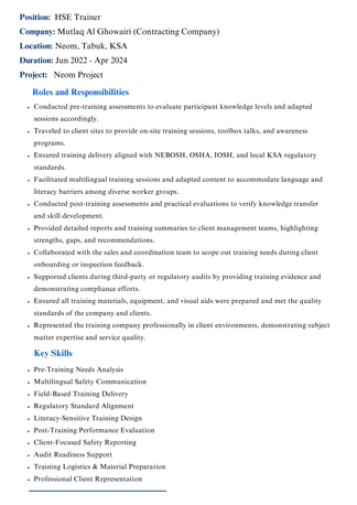 Riyadh, Job Seekers, HSE Trainer