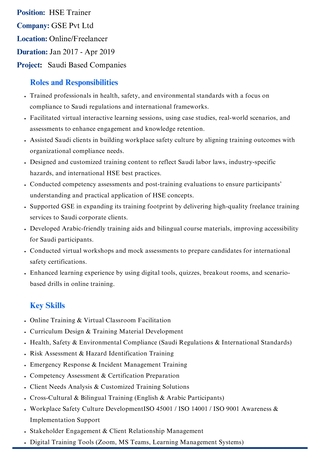 Riyadh, Job Seekers, HSE Trainer