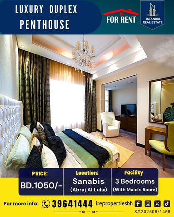 Sanabis, Apartments, Flats, Houses & Villas, BHD 1050/month,  Furnished,  3 BR,  350 Sq. Meter,  High Luxury Duplex Penthouse For Rent In Abraj Al Lulu.BD.1050/-