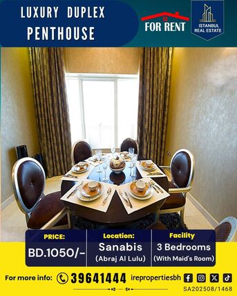 Sanabis, Apartments, Flats, Houses & Villas, BHD 1050/month,  Furnished,  3 BR,  350 Sq. Meter,  High Luxury Duplex Penthouse For Rent In Abraj Al Lulu.BD.1050/-