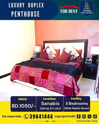Sanabis, Apartments, Flats, Houses & Villas, BHD 1050/month,  Furnished,  3 BR,  350 Sq. Meter,  High Luxury Duplex Penthouse For Rent In Abraj Al Lulu.BD.1050/-