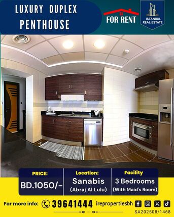 Sanabis, Apartments, Flats, Houses & Villas, BHD 1050/month,  Furnished,  3 BR,  350 Sq. Meter,  High Luxury Duplex Penthouse For Rent In Abraj Al Lulu.BD.1050/-