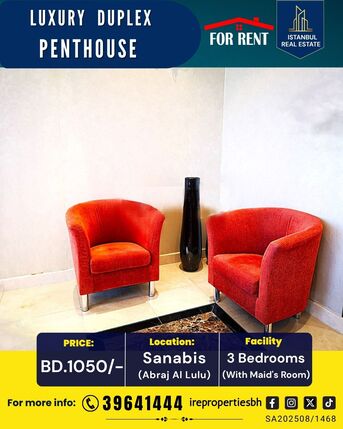 Sanabis, Apartments, Flats, Houses & Villas, BHD 1050/month,  Furnished,  3 BR,  350 Sq. Meter,  High Luxury Duplex Penthouse For Rent In Abraj Al Lulu.BD.1050/-