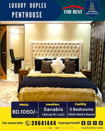 Sanabis, Apartments, Flats, Houses & Villas, BHD 1050/month,  Furnished,  3 BR,  350 Sq. Meter,  High Luxury Duplex Penthouse For Rent In Abraj Al Lulu.BD.1050/-