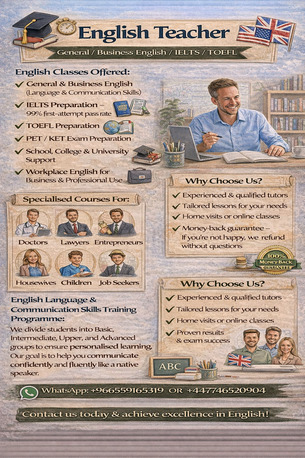 Riyadh, Lessons Offered, English Teacher &ndash; IELTS, TOEFL & Business English With Expert Tutors