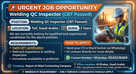 Riyadh, Jobs, Urgent Requirement For Welding QC Inspector (CBT Passed)
