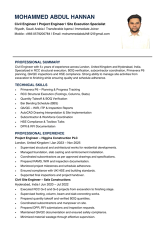 Riyadh, Job Seekers, Civil Engineer | Project Engineer | Primavera P6 Certified | 5+ Years Experience | Riyadh