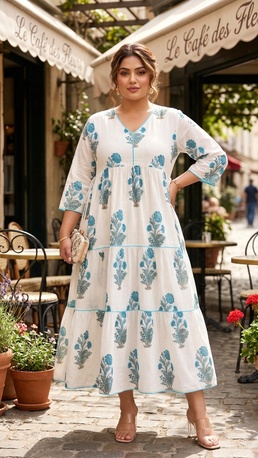 Mumbai, Clothing & Accessories, INR 2299,  Plus Size Blue Floral Cotton Tiered Dress &ndash; Soft Summer Maxi