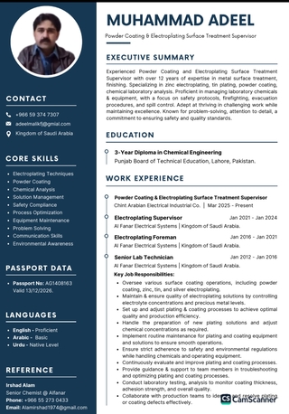 Riyadh, Job Seekers, Powder Coating And Electroplating Supervisor / Engineer