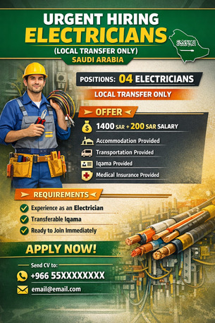 Riyadh, Jobs, Urgent Hiring &ndash; Electricians (Local Transfer Only) &ndash; Saudi Arabia