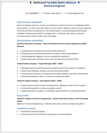 Jubail, Job Seekers, Electrical Engineer - Pricing Engineer - Site Engineer
