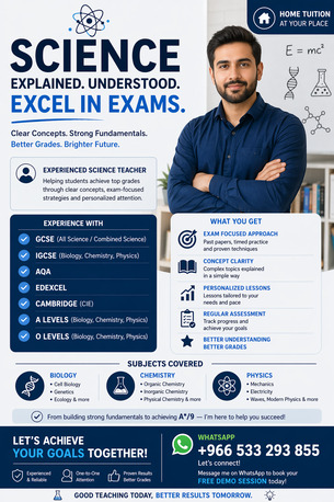 Riyadh, Lessons Offered, Experienced Science Teacher Available &ndash; GCSE / IGCSE / A Levels / O Levels