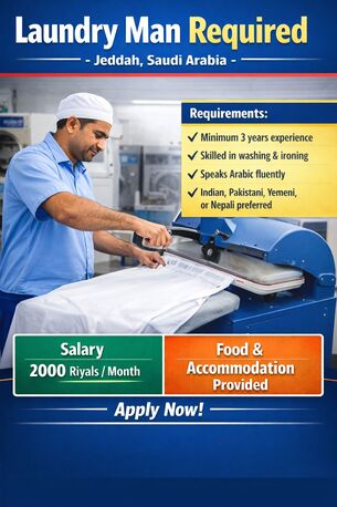 Jeddah, Jobs, Experienced Laundry Man Required For Professional Laundry ( Steam Ironing)
