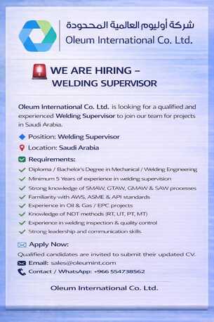 Riyadh, Jobs, WE ARE HIRING &ndash; WELDING SUPERVISOR