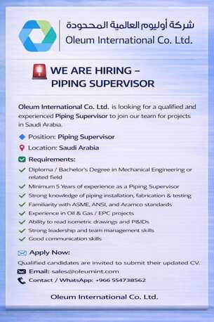 Riyadh, Jobs, WE ARE HIRING &ndash; PIPING SUPERVISOR