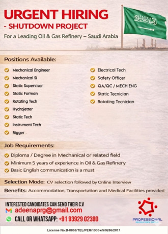 Hyderabad, Jobs, 🚀 Urgent Hiring: Saudi Arabia Shutdown Project