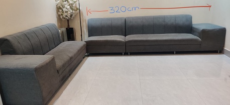 Al Malaz, Furniture, SAR 350,  L-Shaped Corner Sofa &ndash; Grey Fabric, 320&times;220cm &ndash; Good Condition