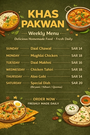 Khobar, Food, SAR 14,  Homemade Food - Weekly Menu - Available
