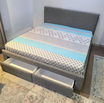 Jeddah, Furniture, SAR 1200,  Home Centre Fabric Double Bed With Mattress!  Sr.1200!  Big Storage Drawers!
