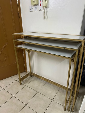 Al Wizarat, Furniture, SAR 50,  Modern Gold Console Table With Pull-Out Shelves &ndash; Marble Style (Used)