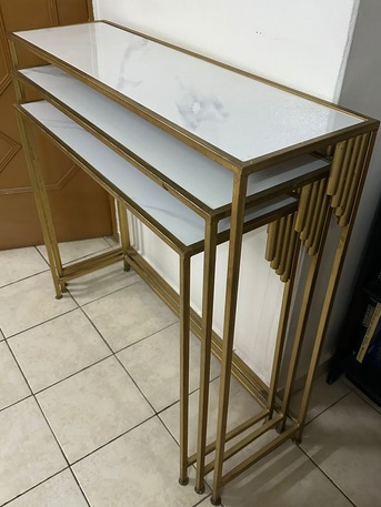 Al Wizarat, Furniture, SAR 50,  Modern Gold Console Table With Pull-Out Shelves &ndash; Marble Style (Used)