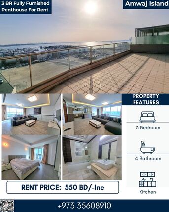 Amwaj Islands, Apartments, Flats, Houses & Villas, BHD 550/month,  Furnished,  3 BR,  200 Sq. Meter,  Beautiful 3 BR FF Duplex Penthouse For Rent
