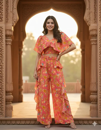 New Delhi, Clothing & Accessories, INR 1299,  Shop Trendy Women&rsquo;s Floral Printed Ruffle Co-Ord Set